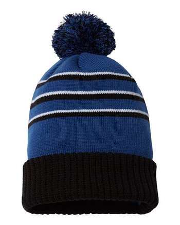 Photo of Stripe Pom Cuffed Beanie - Richardson - Royal/ Black/ White - view 1