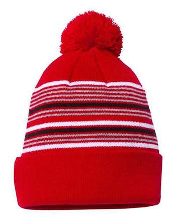 Photo de Bonnet tricoté rayé avec pom-pom de 12" - Sportsman - Red/ White/ Grey/ Black - vue 1